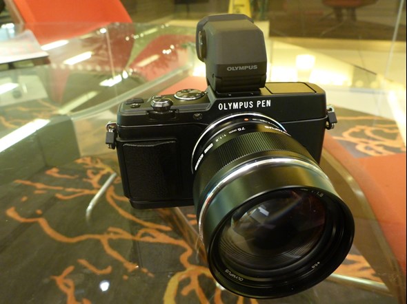 The Olympus E-P5 with the VF-4 External Electronic Viewfinder attached