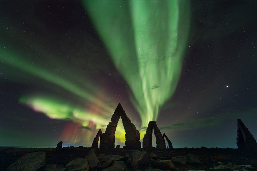 The northern lights over Arctic Henge
