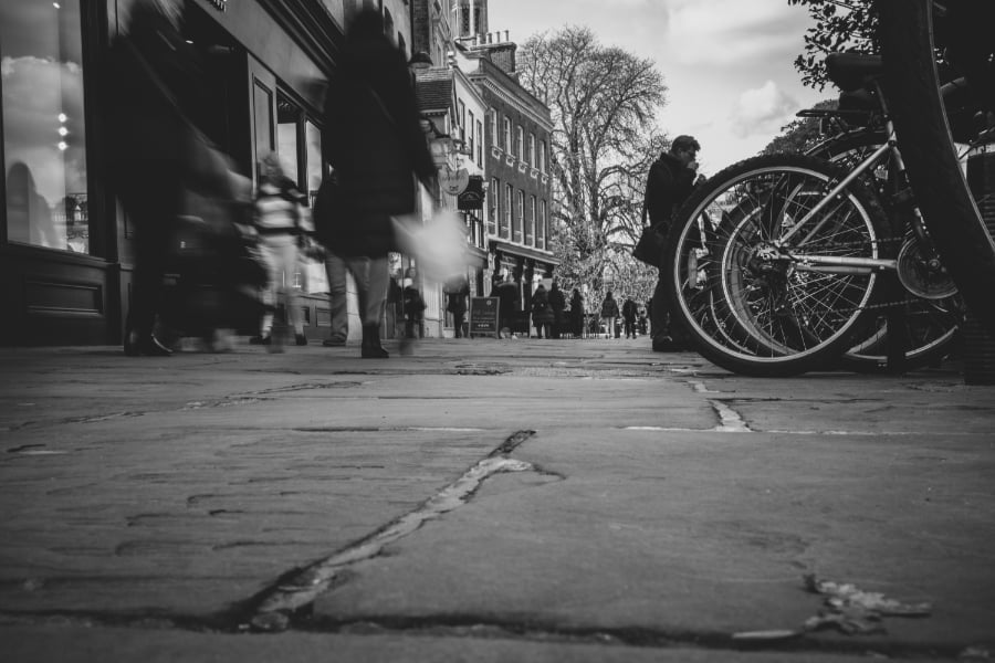  Photo of a street in black & white from a low-down perspective<
