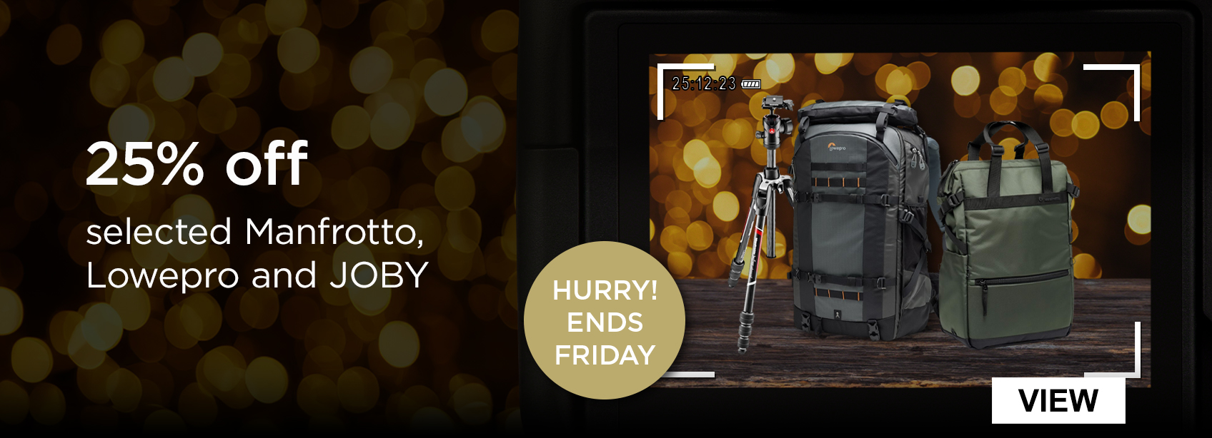 25% off selected Manfrotto, Lowepro and JOBY