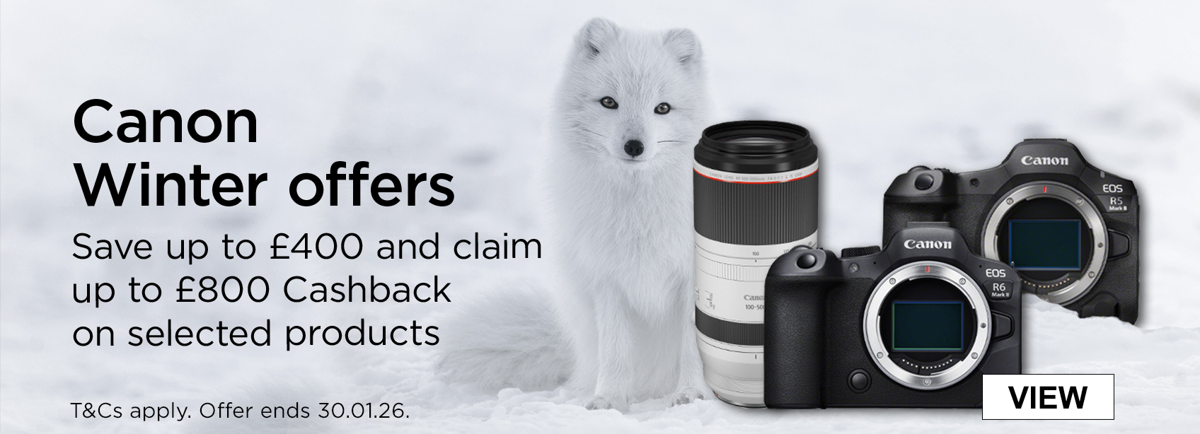 Canon winter offers. Save up to £400 and claim up to £800 cashback on selected products. T&Cs apply. Offers end 31.01.26. 