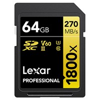 Lexar 64GB Professional 1800x 280MB/Sec UHS-II V60 Sdxc Card