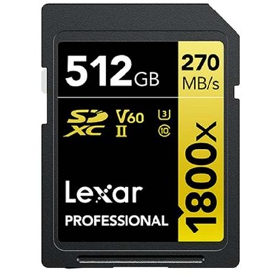 Lexar 512GB Professional 1800x 270MB/Sec UHS-II V60 SDXC Card