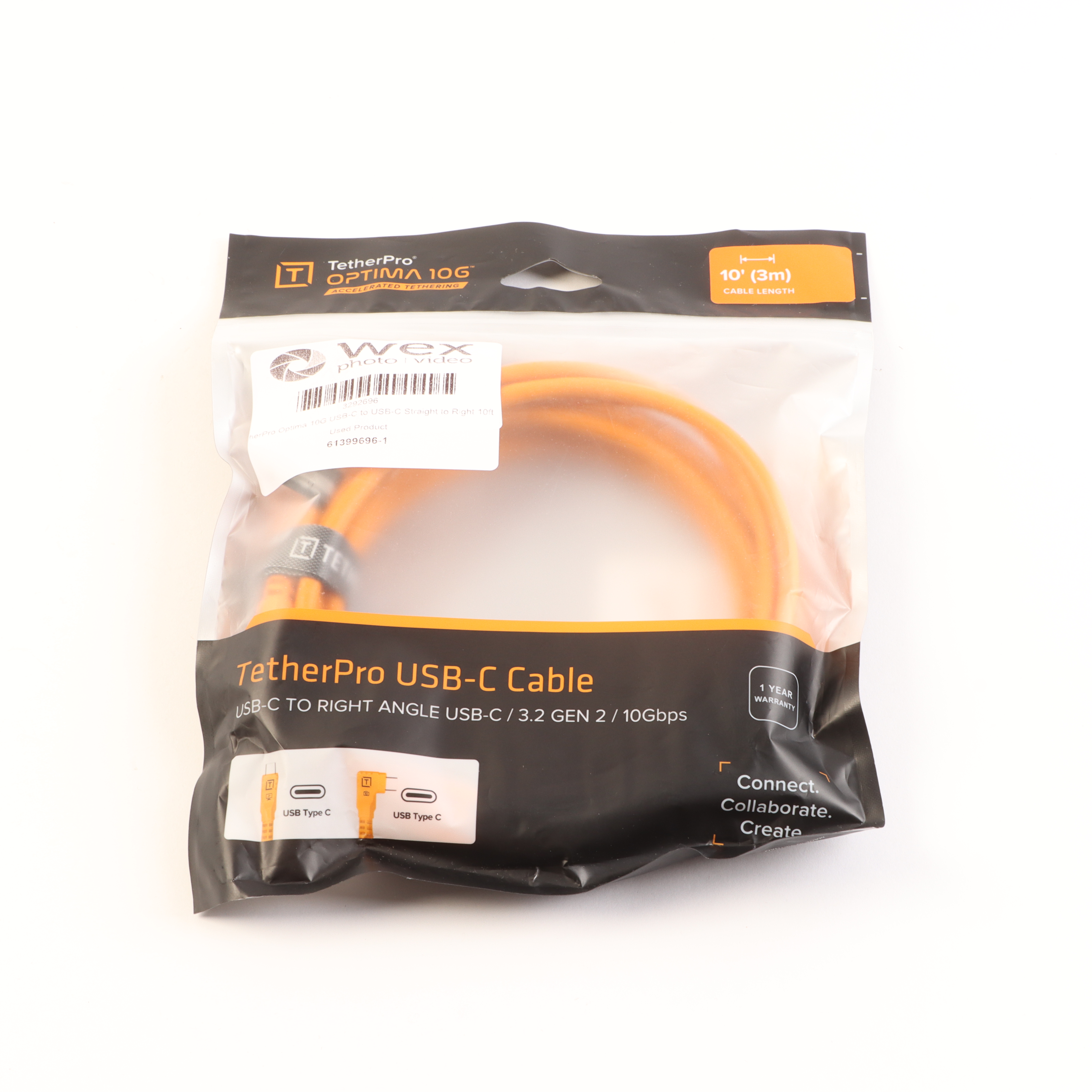 USED TetherTools TetherPro Optima 10G USB-C to USB-C Straight to Right 10ft (3m) - High-Visibility