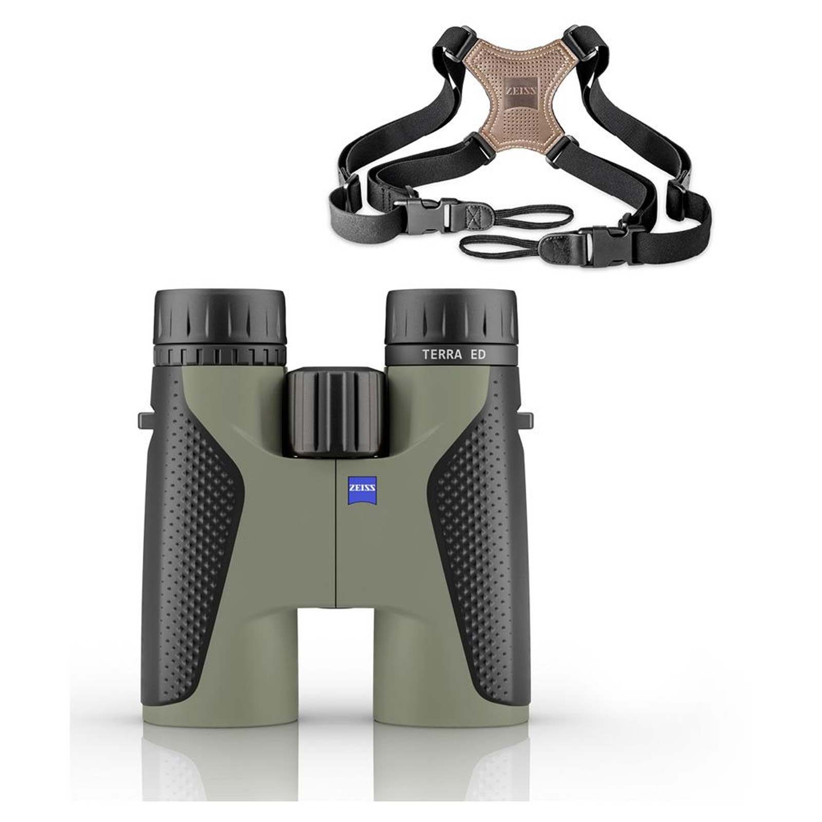Image of Zeiss Terra ED 10x42 Binoculars - Velvet Green with Chest Harness